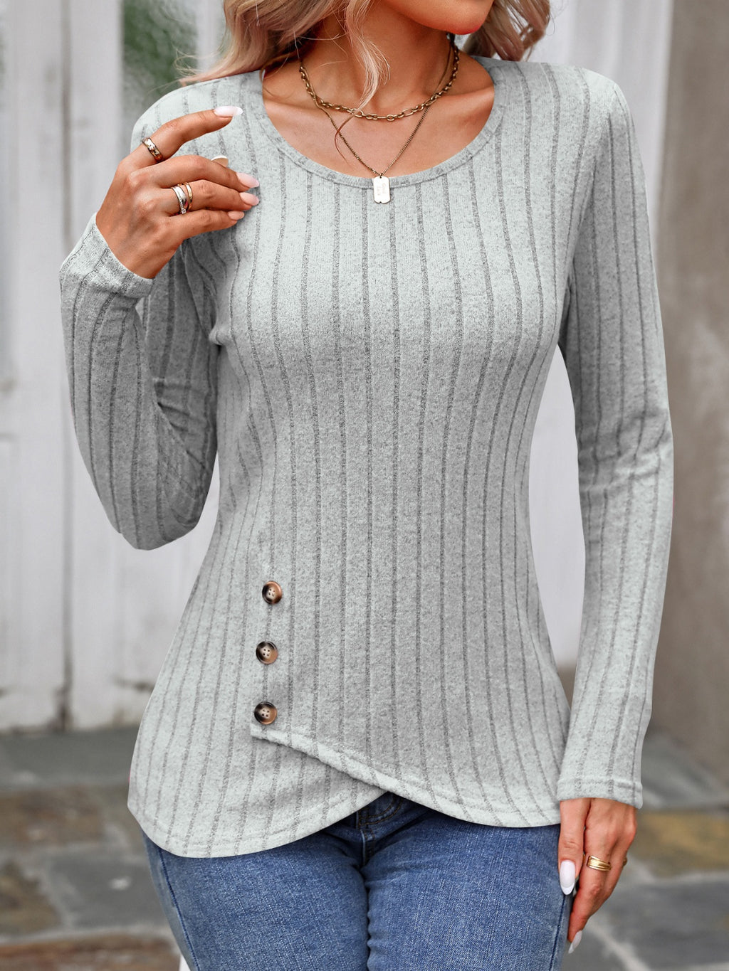 Womens Decorative Button Round Neck Long Sleeve Top  (S-2XL)