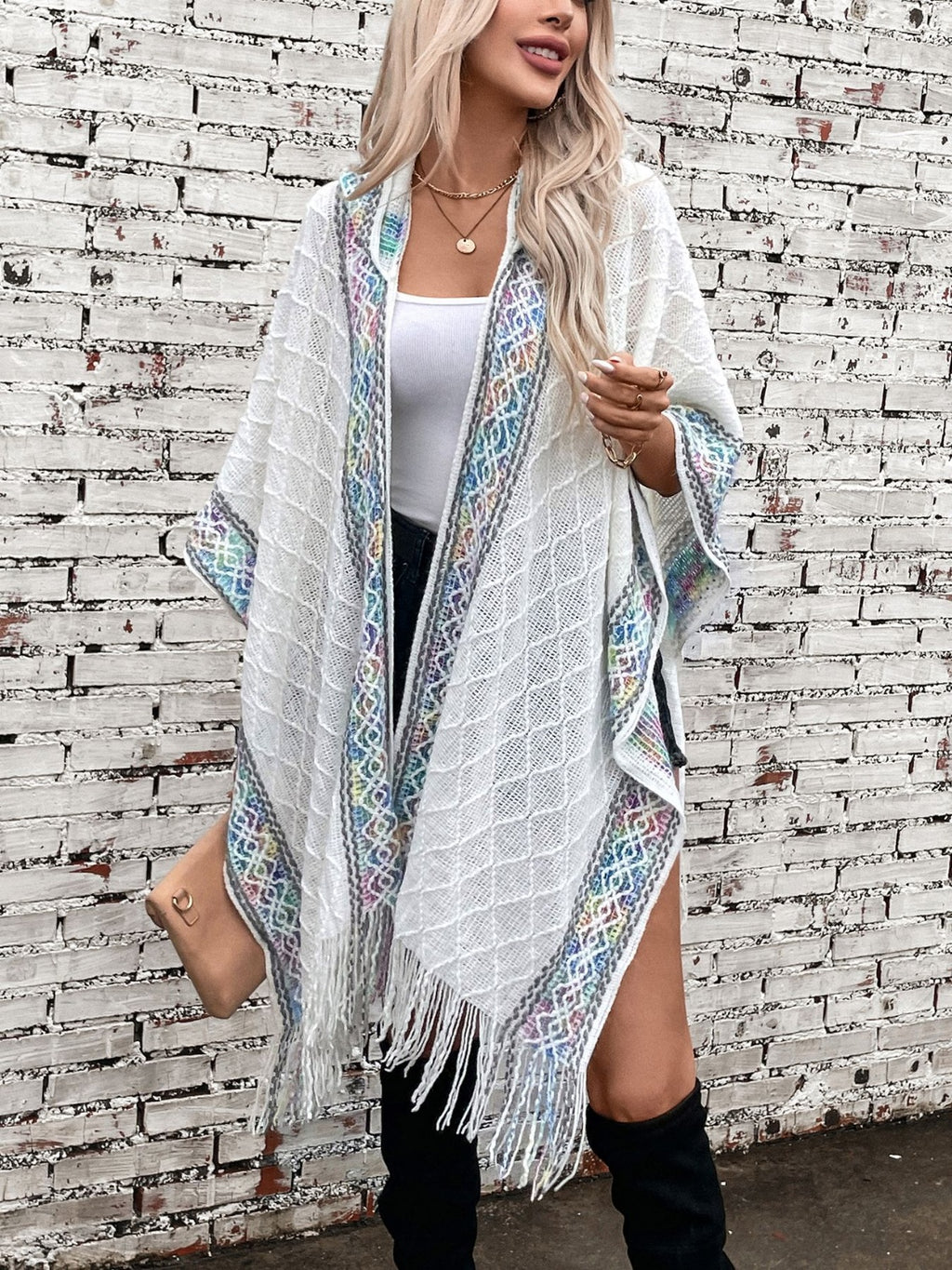 Womens Fringe Half Sleeve Hooded Poncho (ONE SIZE)