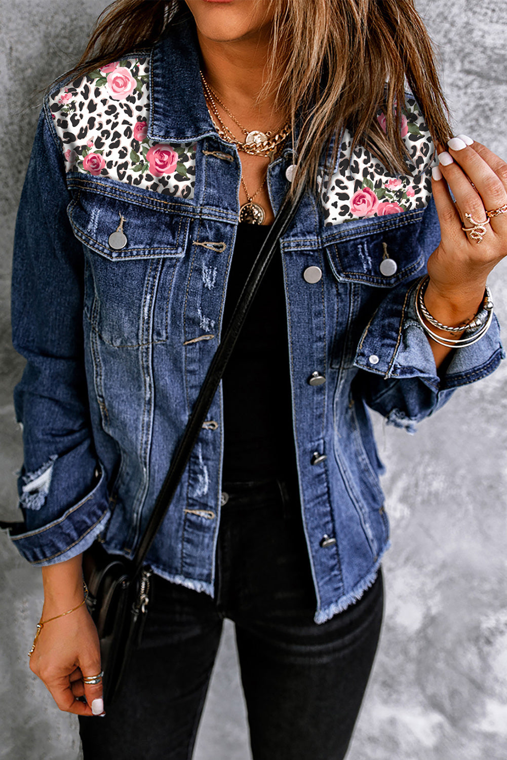 Womens Mixed Print Distressed Button Front Denim Jacket (S-2XL)