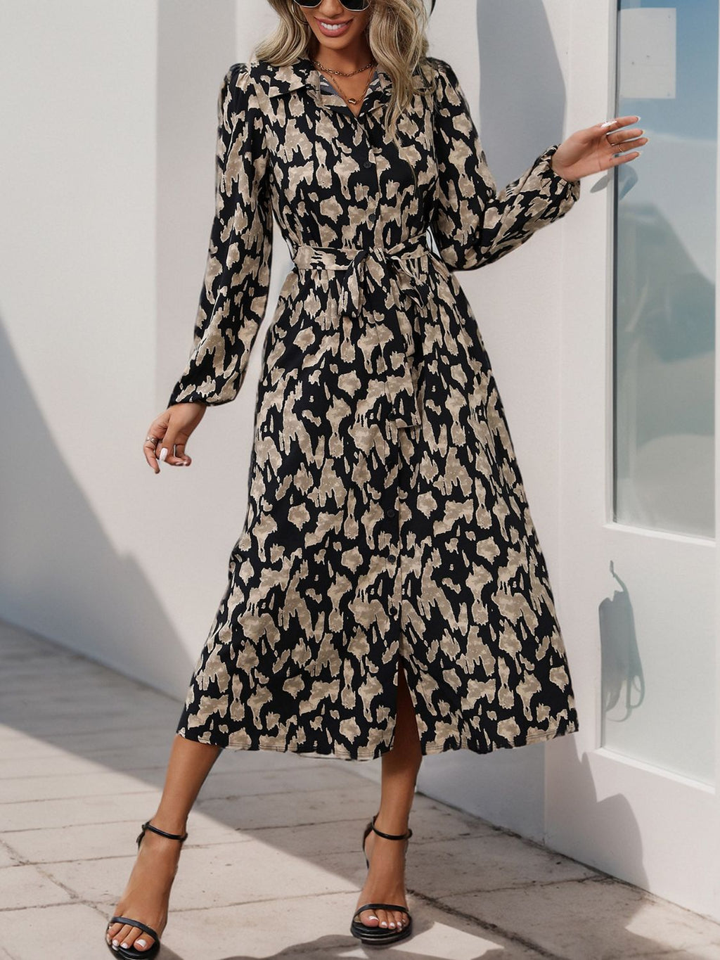 Womens Perfee Printed Long Sleeve Midi Dress (S-XL)