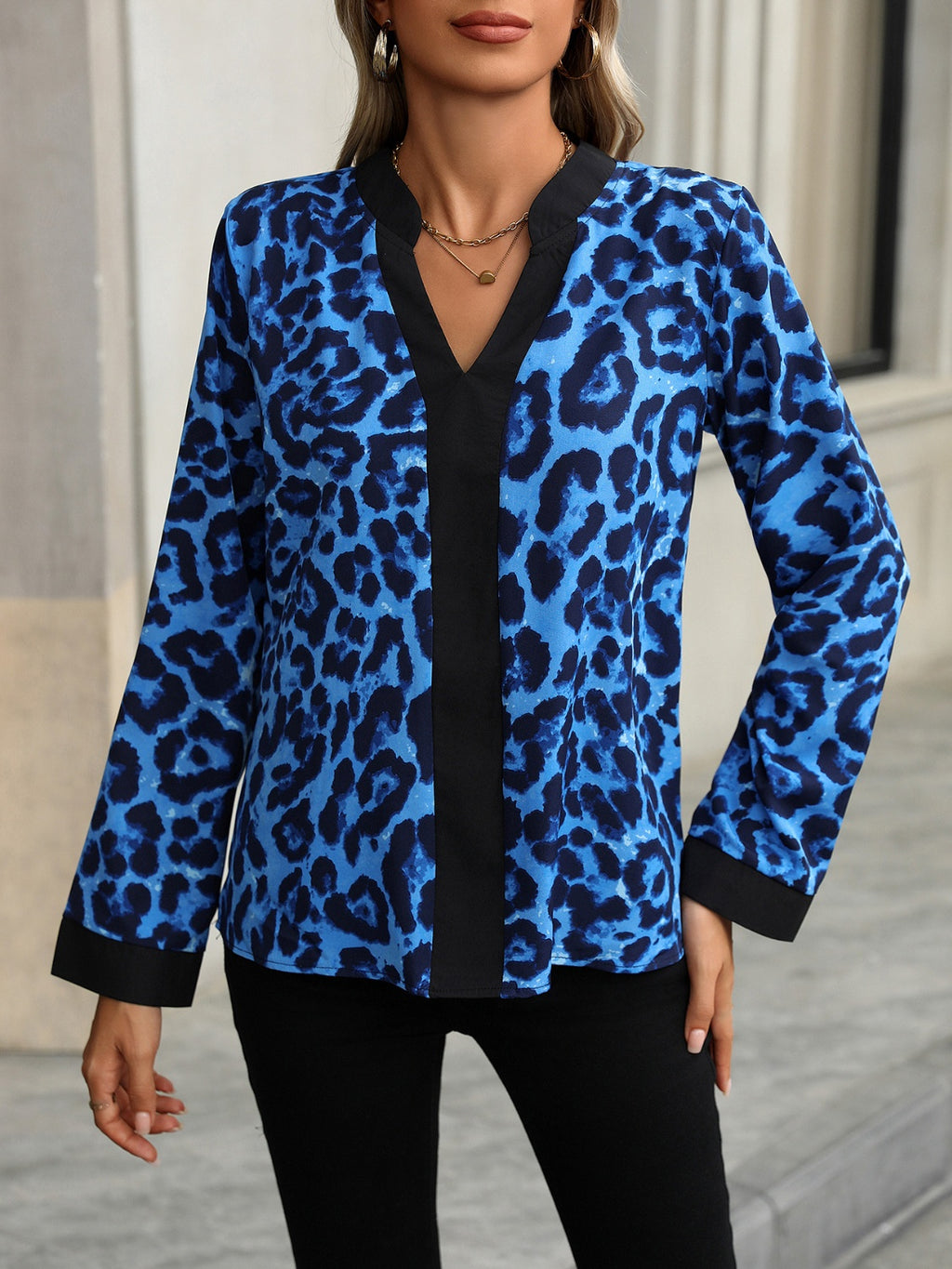 Womens Leopard Notched Long Sleeve Blouse (S-XL)