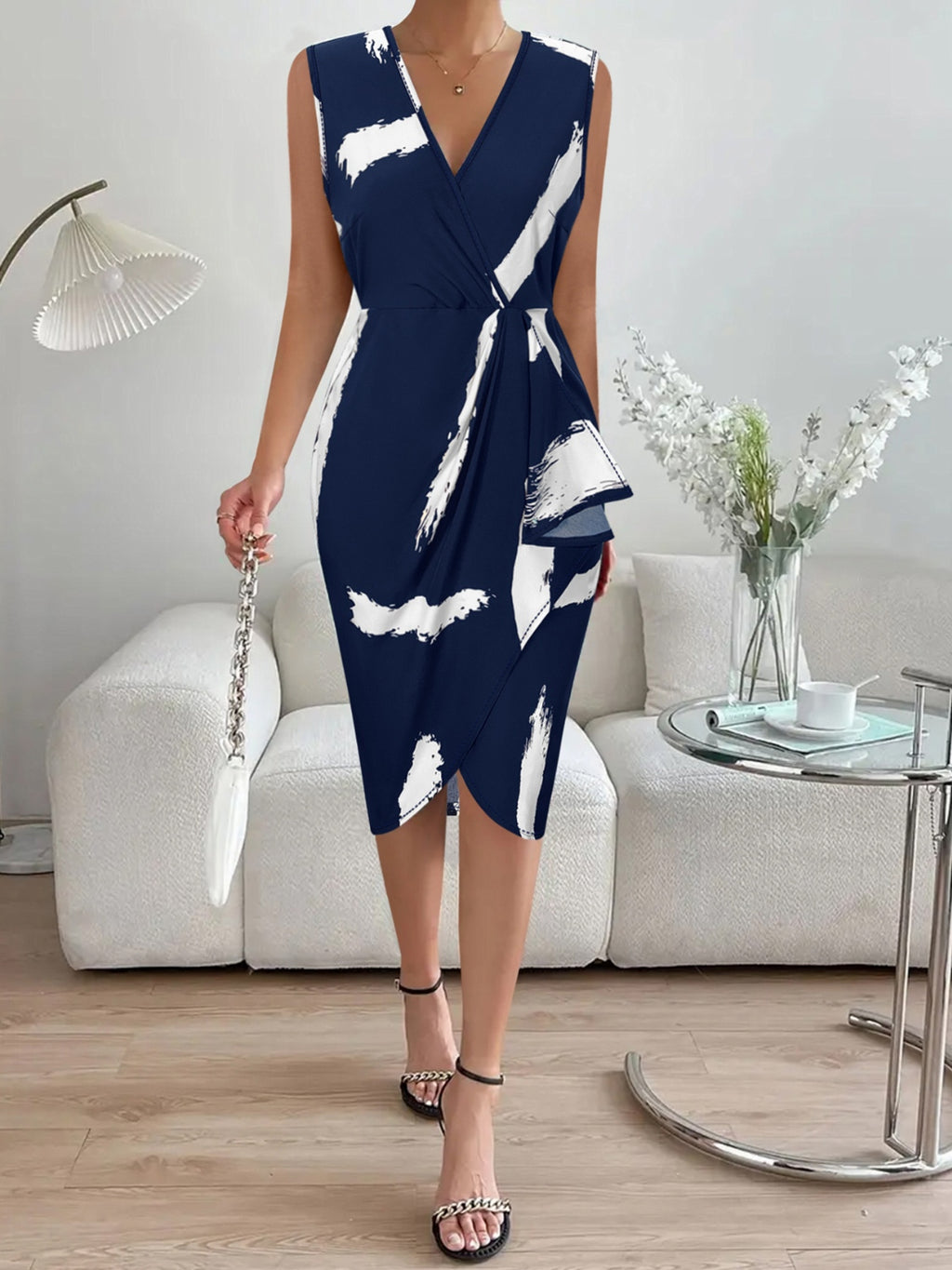 Womens Printed Surplice Sleeveless Knee Length Dress (S-XL)