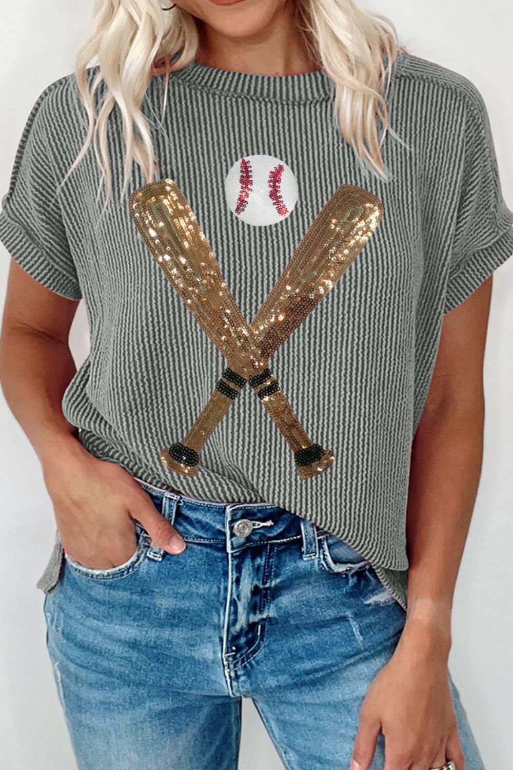 Womens Sequin Baseball Round Neck Short Sleeve T-Shirt (S-2XL)