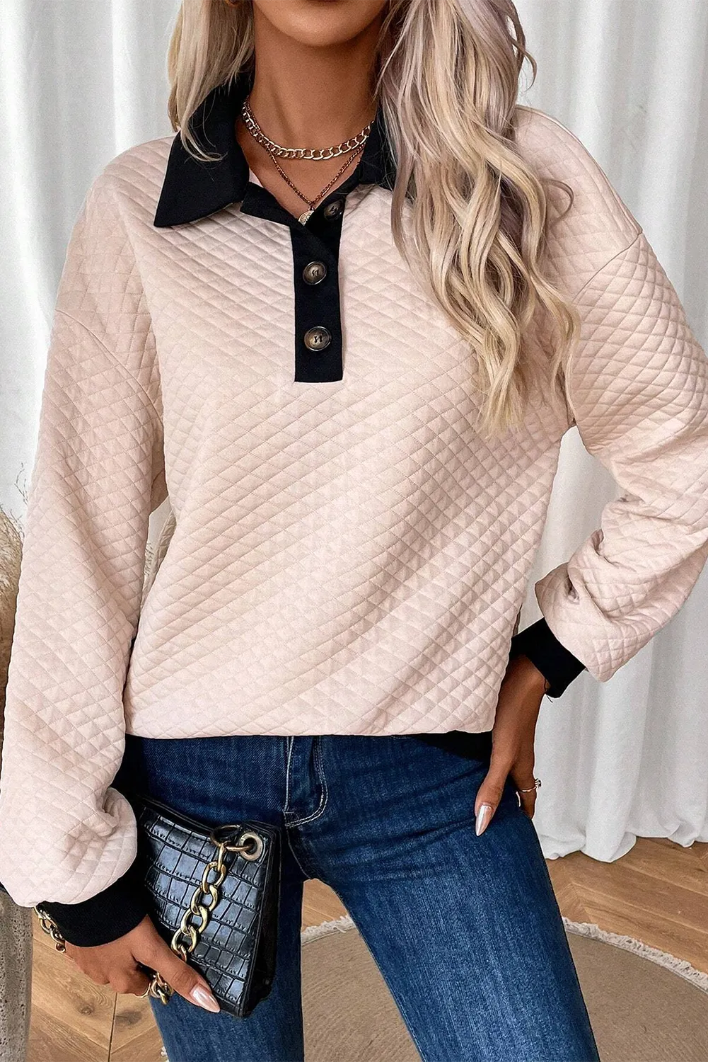 Womens Textured Collared Neck Long Sleeve Top (S-XL)