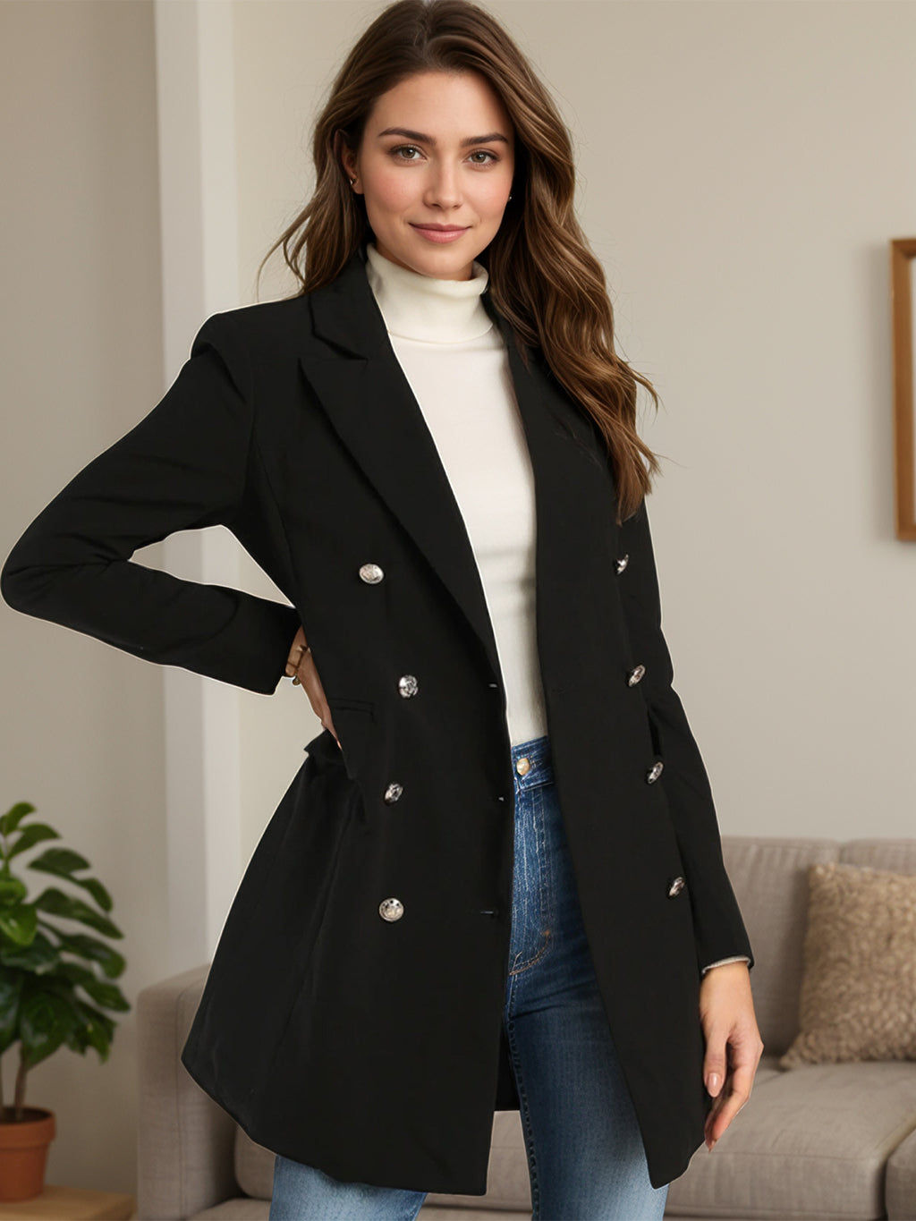 Womens Lapel Collar Long Sleeve Blazer Jacket (S-XL)