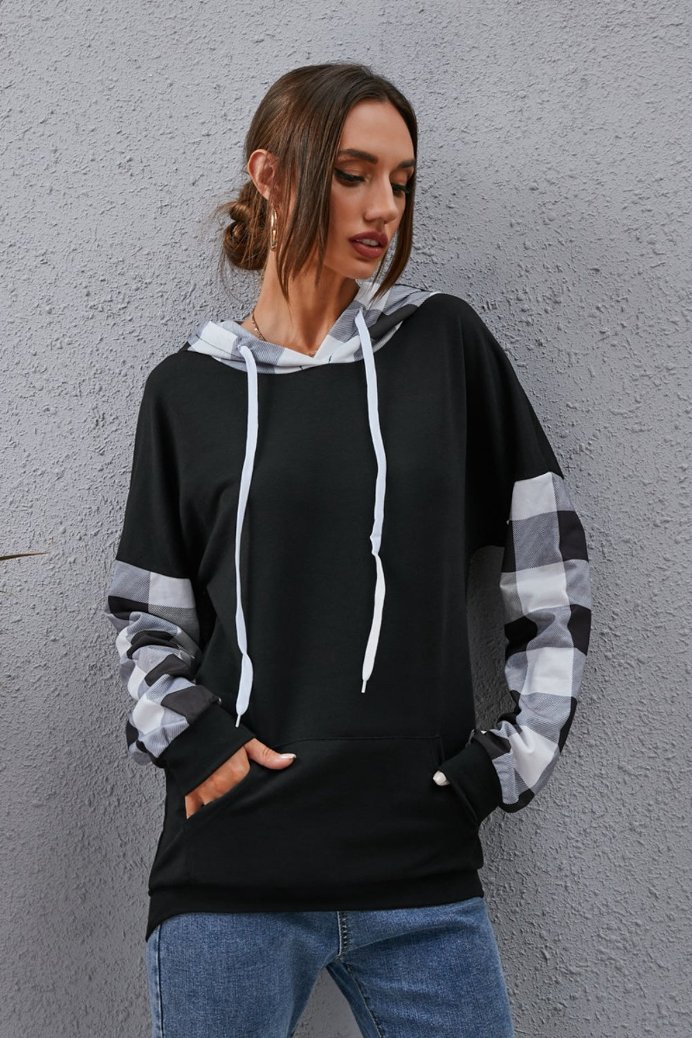 Womens Plaid Drawstring Dropped Shoulder Hoodie (S,M,L)