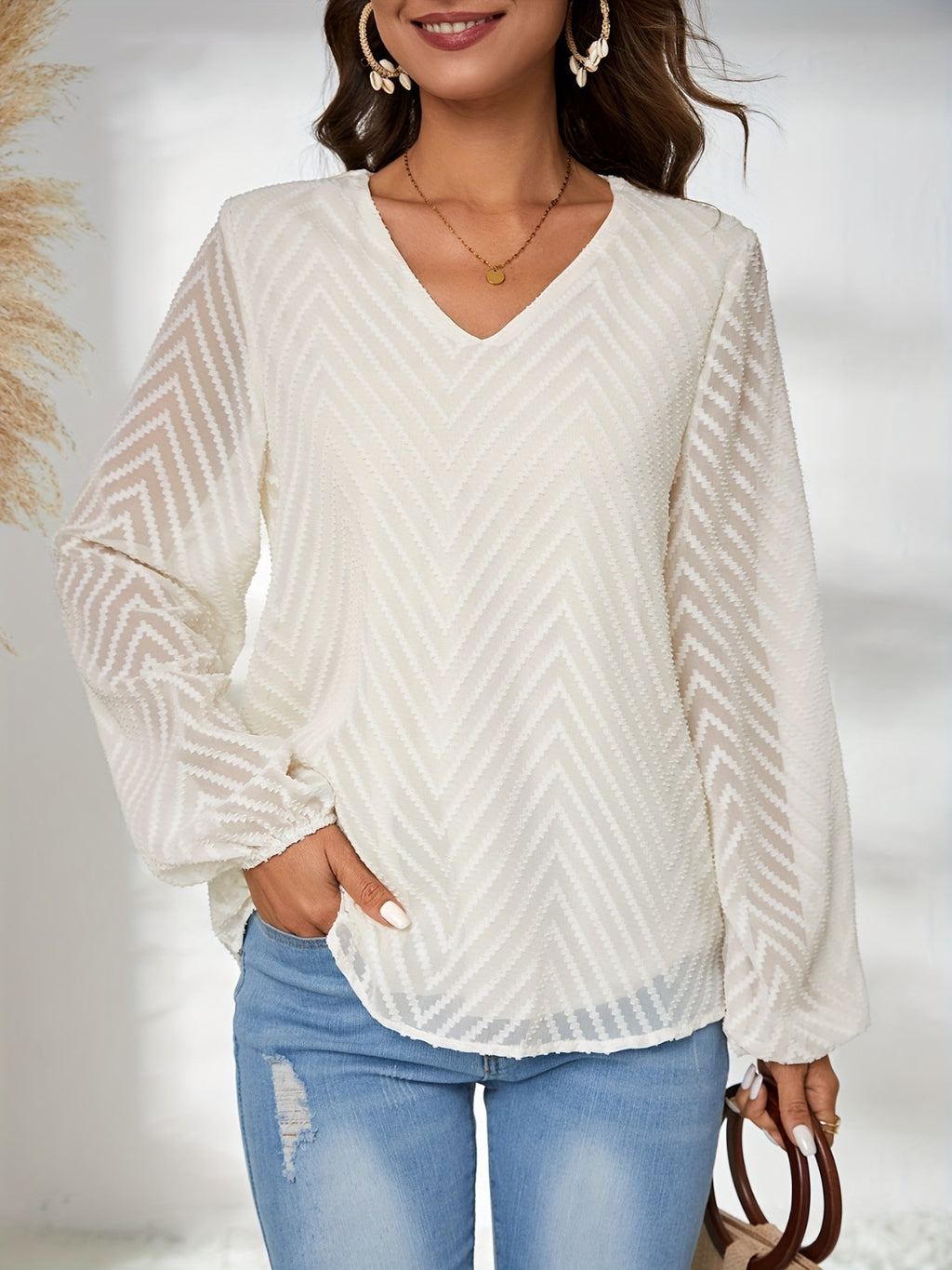 Womens Textured V-Neck Balloon Sleeve Blouse (S-XL)