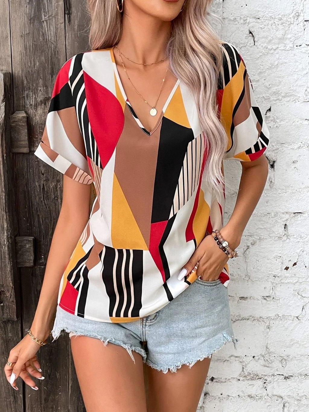 Womens Printed V-Neck Short Sleeve Blouse (S-XL)