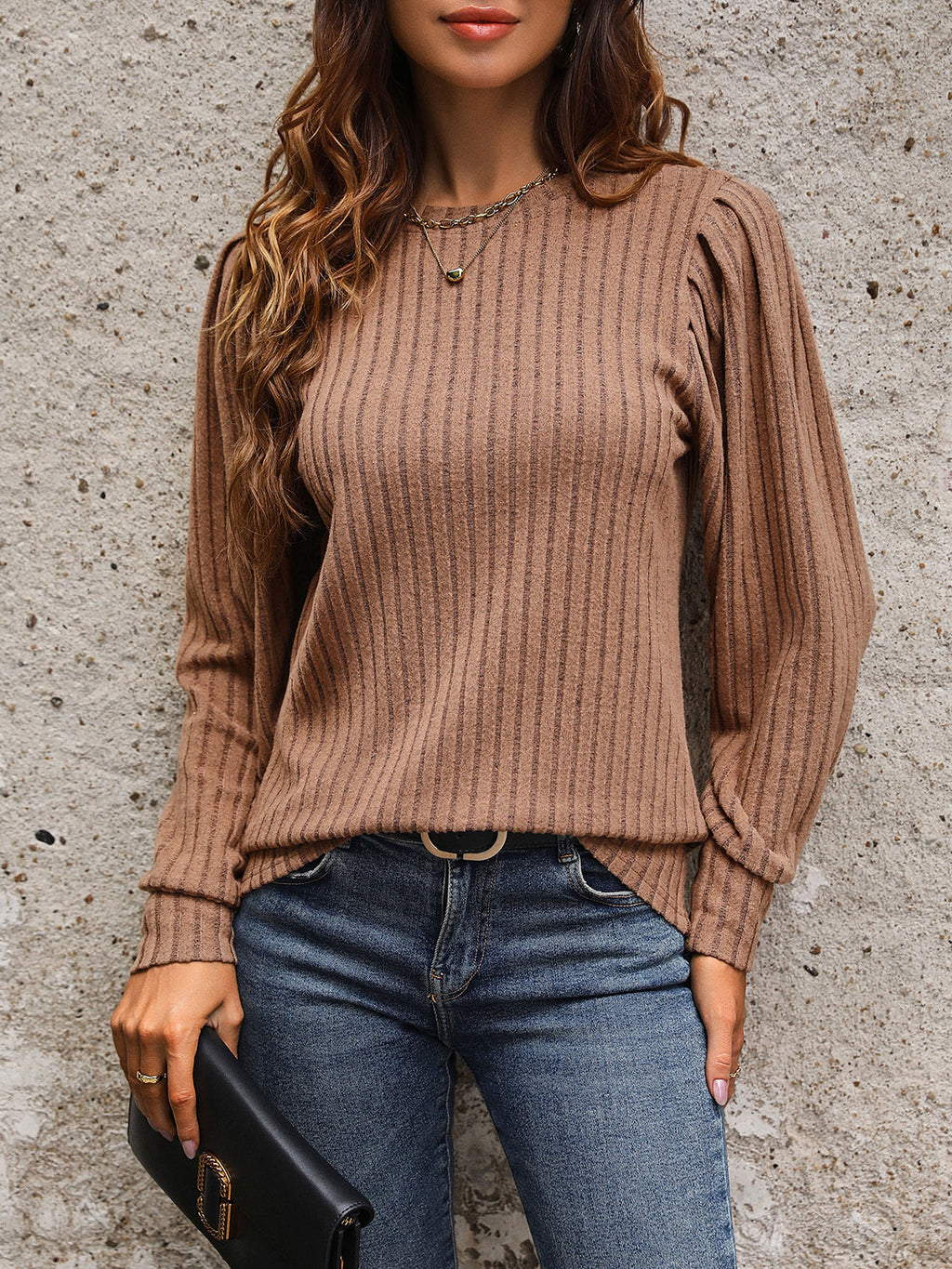 Womens Ribbed Round Neck Long Sleeve Top (S-XL)