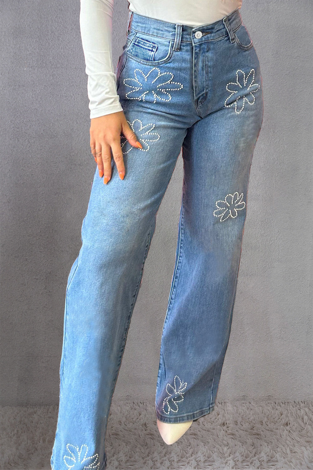 Womens Rhinestone Straight Jeans with Pockets (6-16)