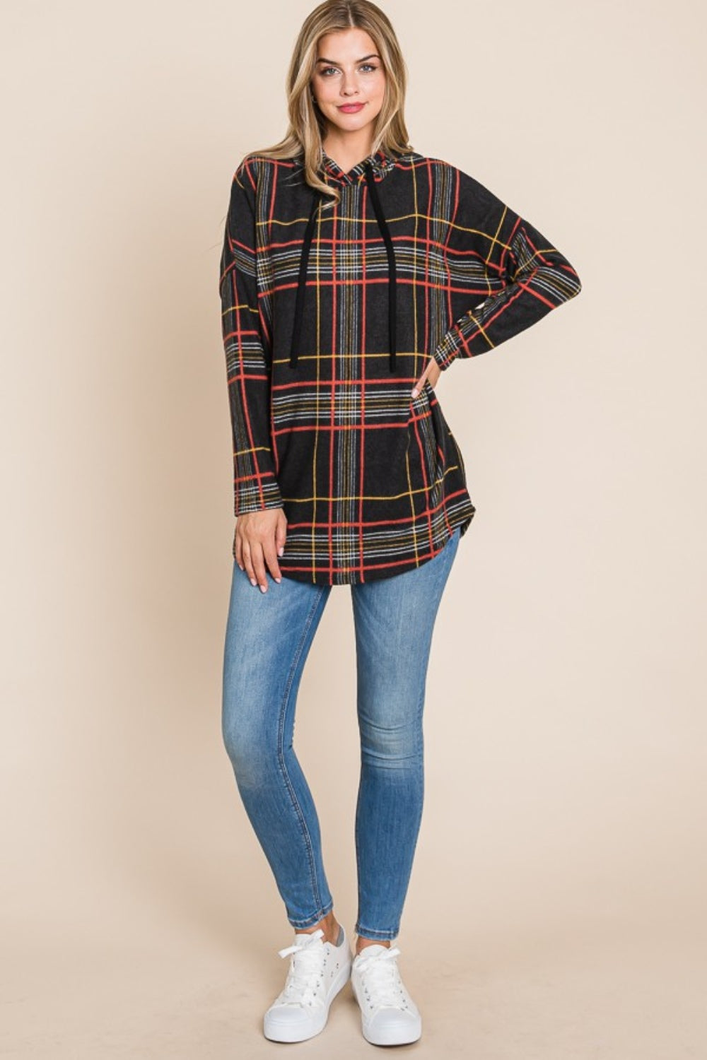 Womens BOMBOM Drawstring Plaid Long Sleeve Hoodie (S-XL)