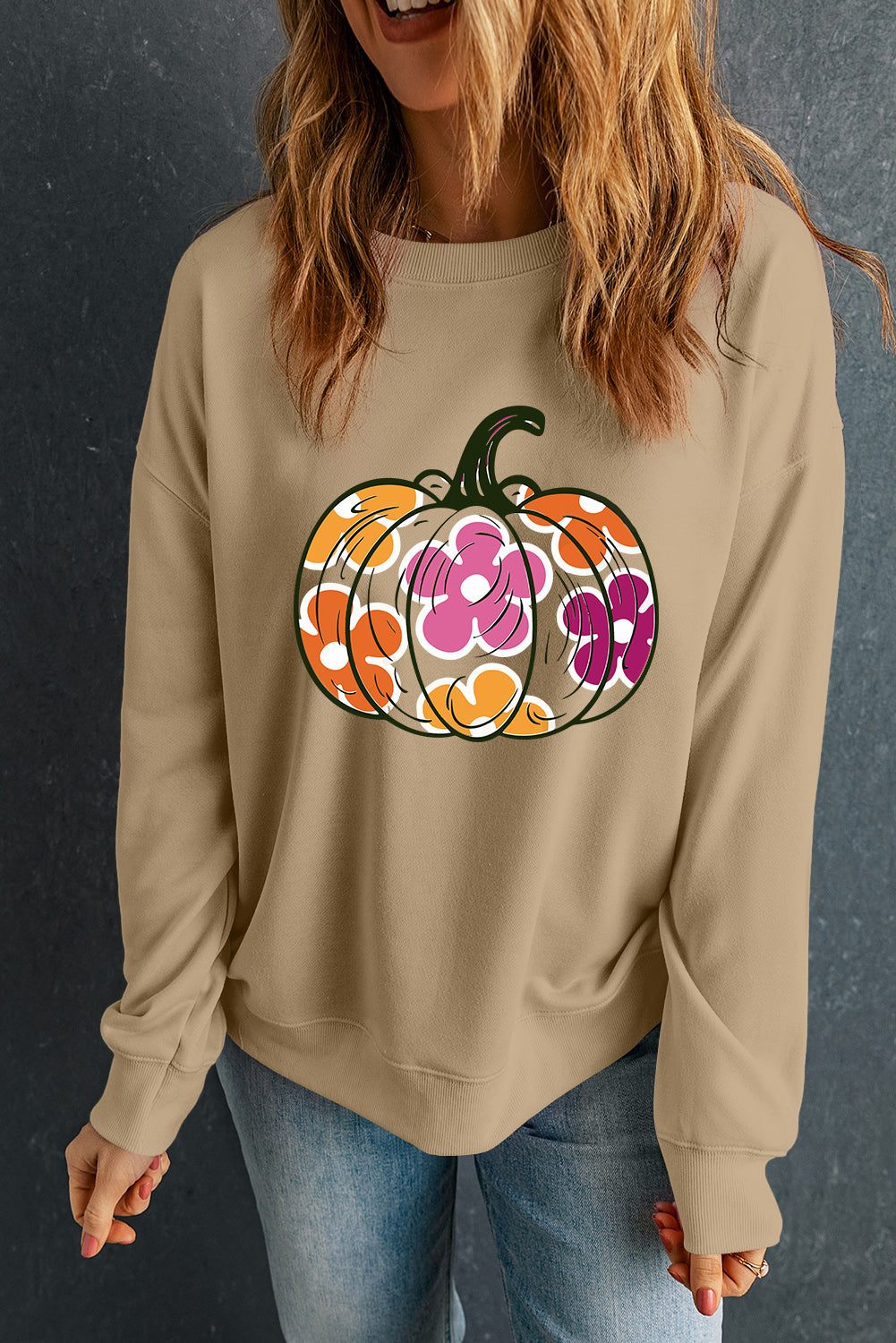 Womens Pumpkin & Flower Graphic Long Sleeve Sweatshirt (S-2XL)