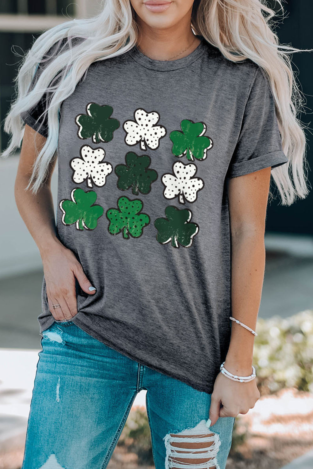 Womens Lucky Clover Round Neck Short Sleeve T-Shirt (S-XL)