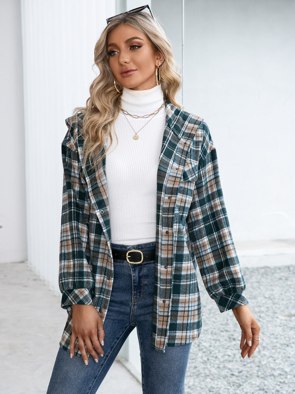 Womens Plaid Snap Down Hooded Jacket (S-XL)