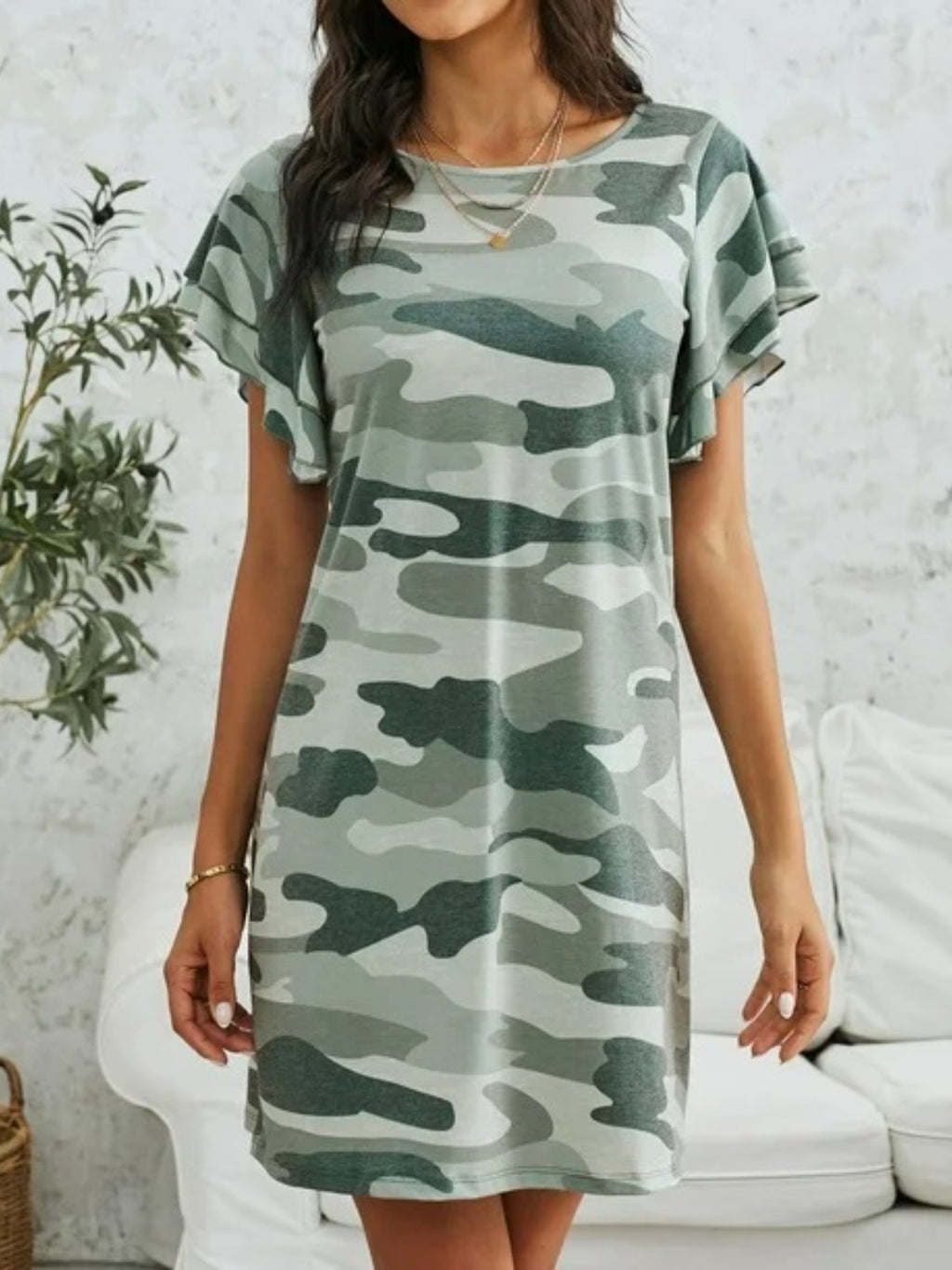 Womens Camouflage Round Neck Short Sleeve Mini Dress (S-2XL)