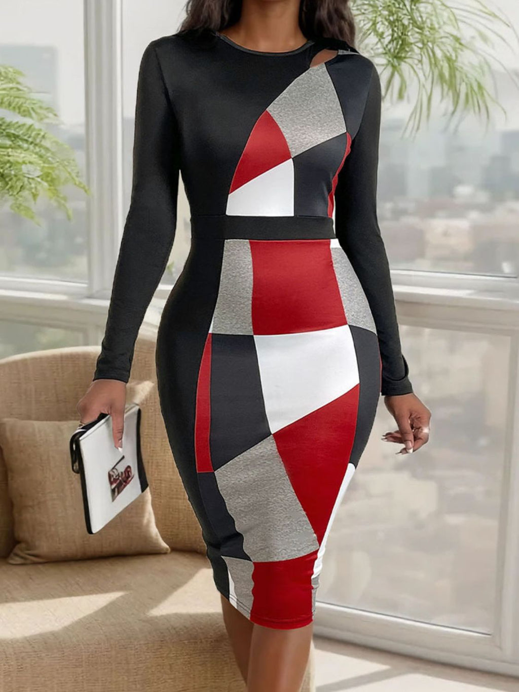 Womens Cutout Color Block Round Neck Long Sleeve Dress (S-XL)