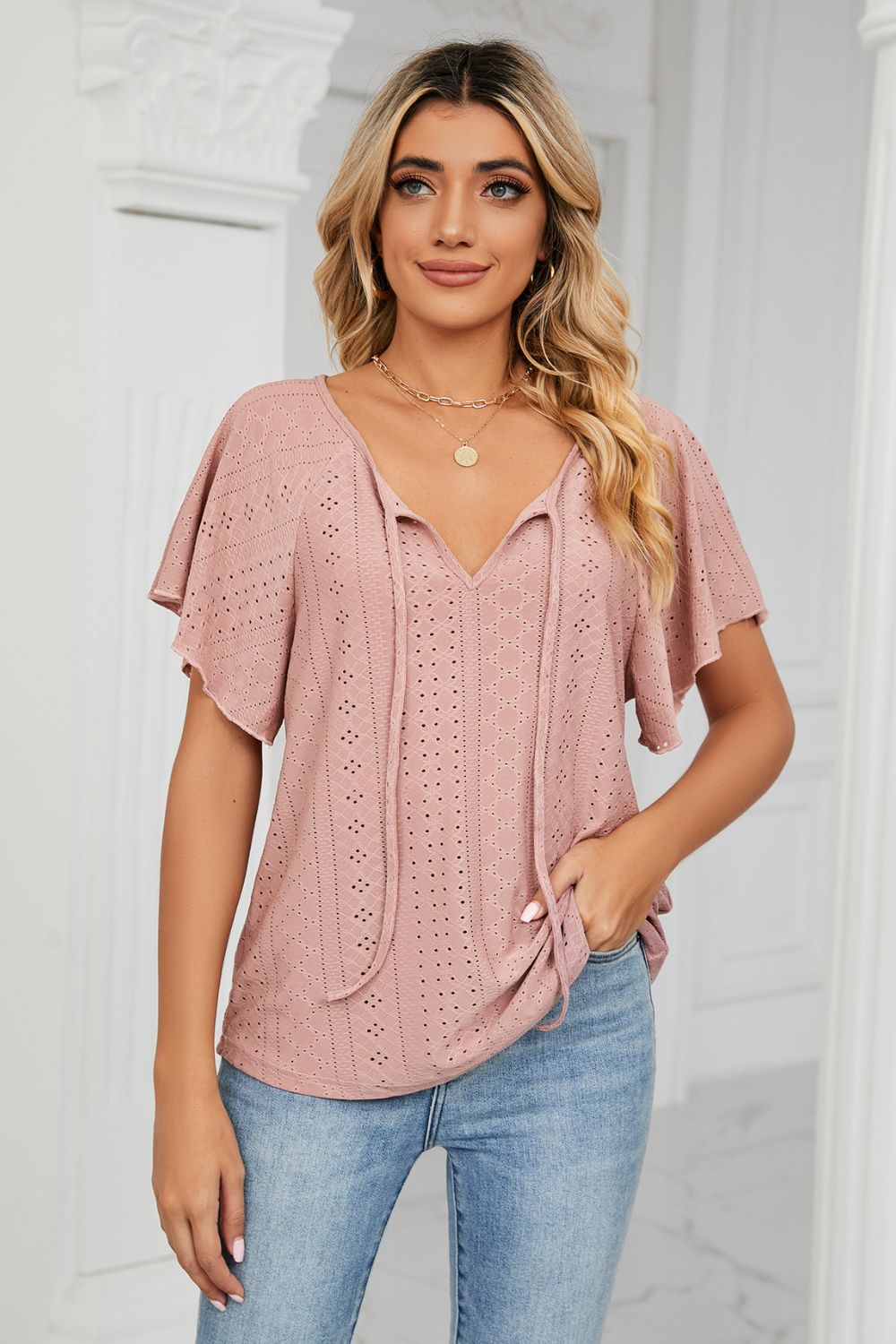 Womens Eyelet Tie-Neck Flutter Sleeve Top (S-2XL)