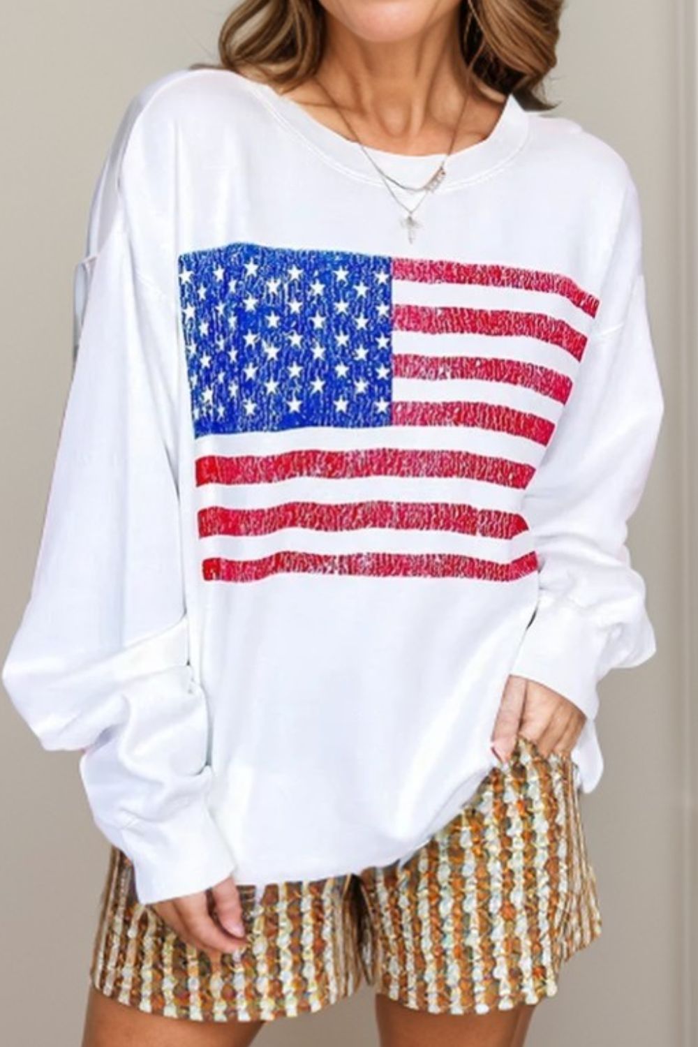 Womens US Flag Round Neck Long Sleeve Sweatshirt (S=XL)