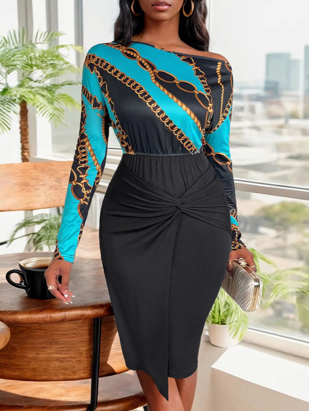 Womens Perfee Twisted Printed Long Sleeve Dress (S-XL)