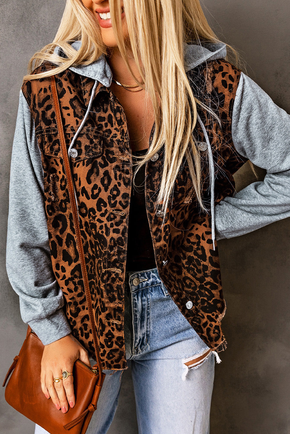 Womens Leopard Distressed Drawstring Hooded Denim Jacket (S-2XL)