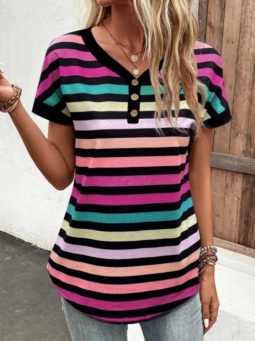 Womens Striped V-Neck Short Sleeve T-Shirt (S-2XL)