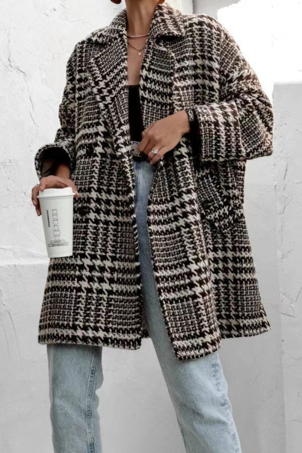 Womens Houndstooth Collared Neck Long Sleeve Coat (S-2XL)