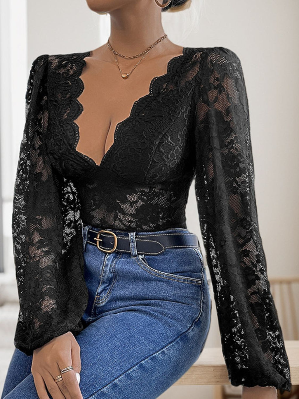 Womens Perfee Lace Plunge Long Sleeve Bodysuit (S-XL)