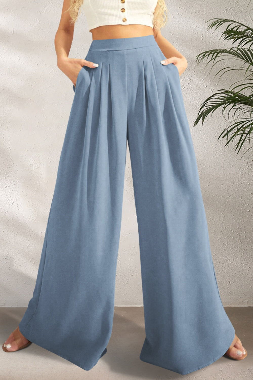 Womens Pocketed High Waist Wide Leg Pants (Size S-XL)