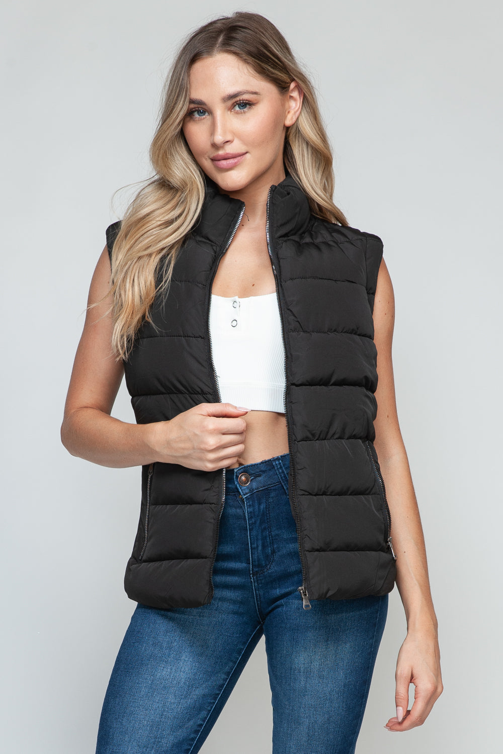 Womens Snobbish Zip Up Turtleneck Vest with Pockets (S-XL)