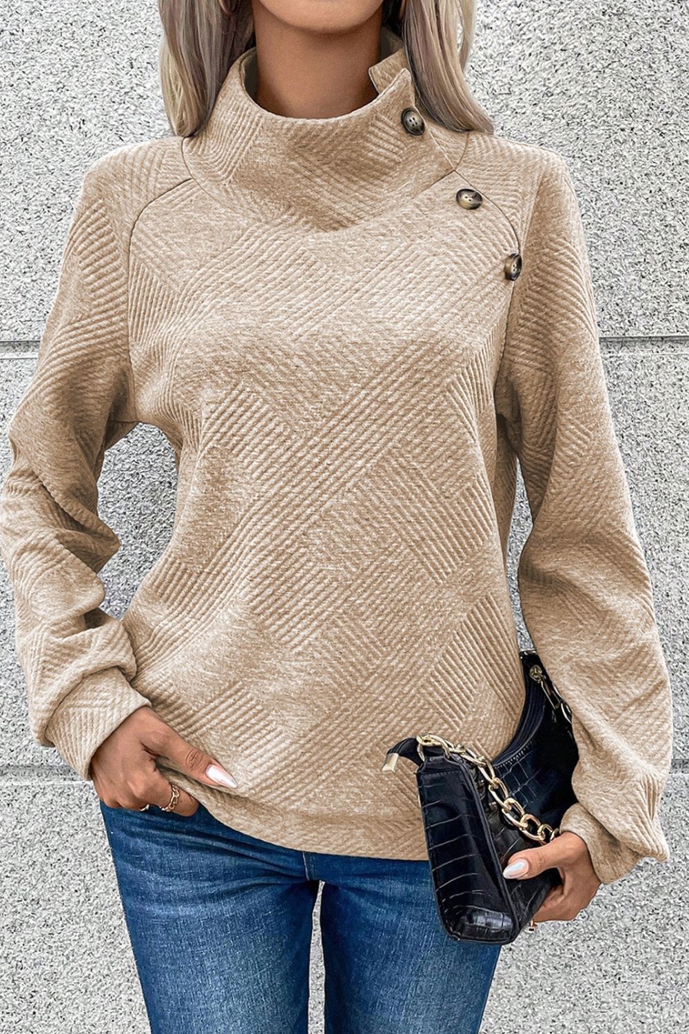 Womens Textured Turtleneck Long Sleeve Sweatshirt (S-XL)