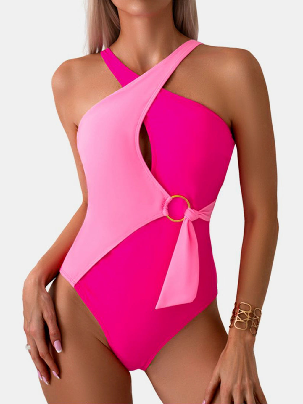 Womens Cutout Contrast Sleeveless One-Piece Swimwear (S-XL)