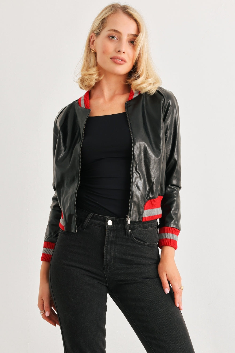 Womens Comme PU Leather Baseball Collar Long Sleeve Jacket (S,M,L)