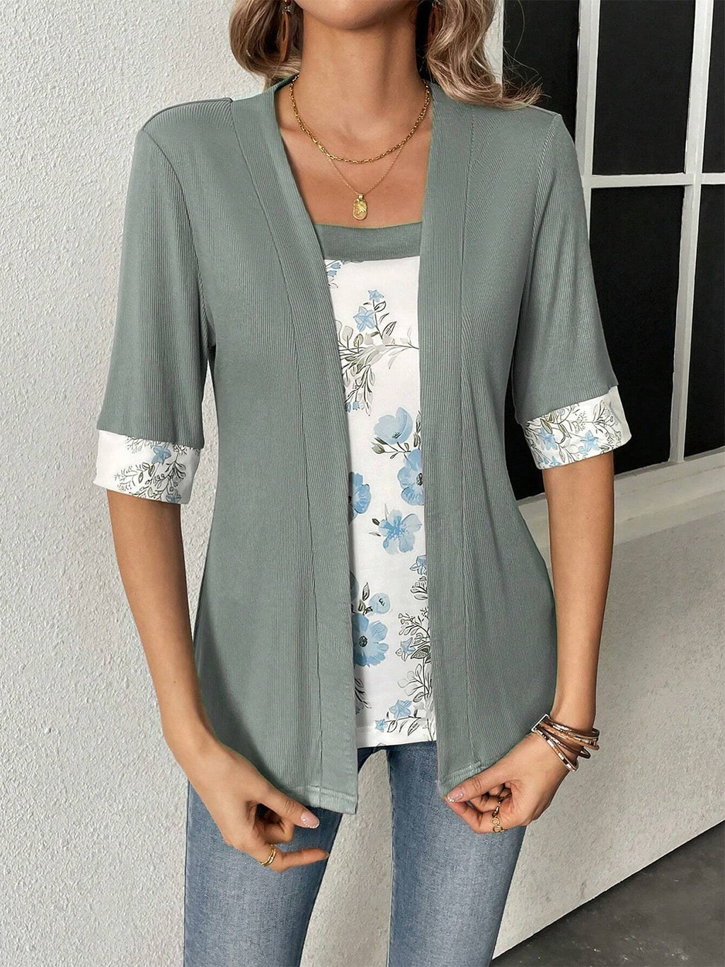 Womens Faux Layered Printed Half Sleeve Top (S-2XL)