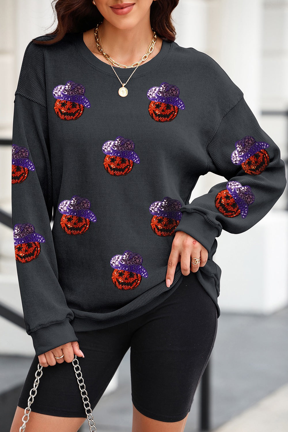 Womens Sequin Pumpkin Long Sleeve Sweatshirt (S-2XL)