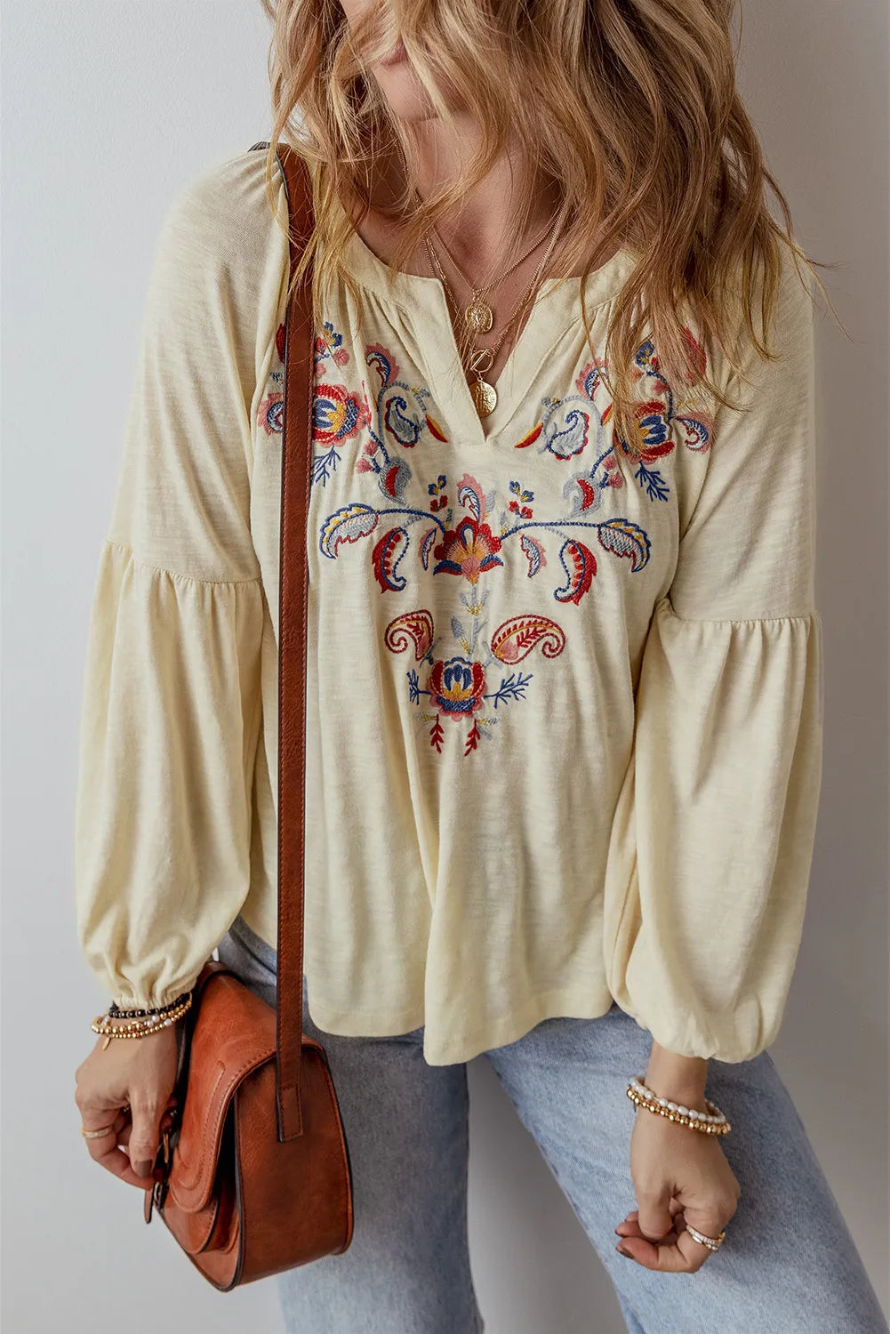 Womens Embroidered Notched Long Sleeve Blouse (S-XL)