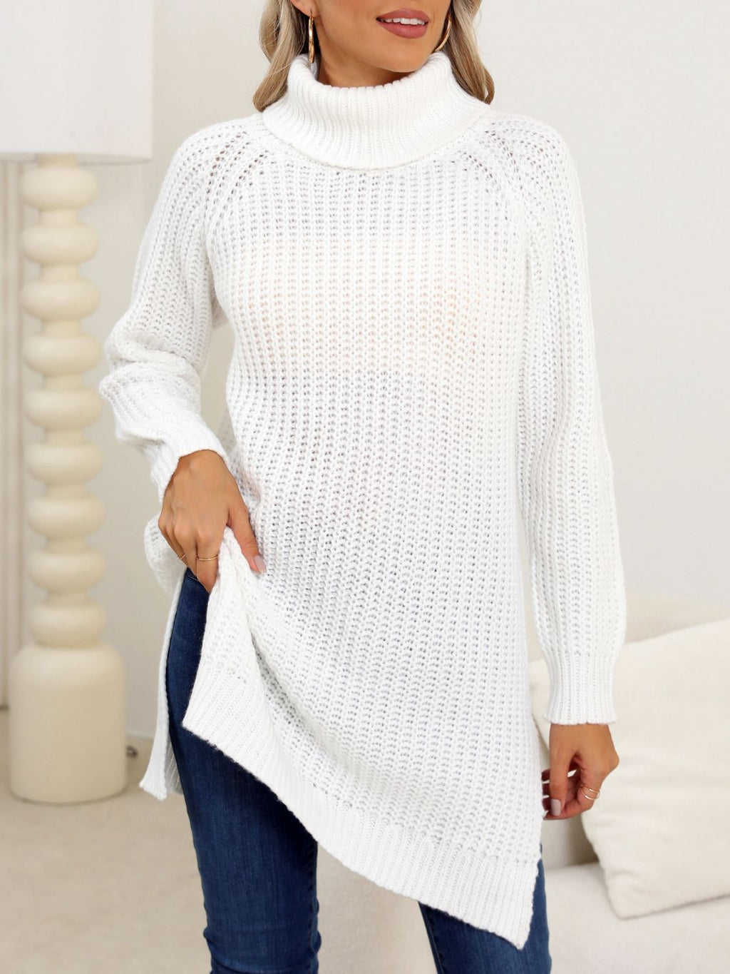 Womens Slit Turtleneck Long Sleeve Sweater (S-XL)