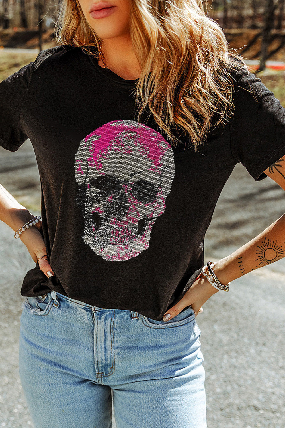 Womens Skull Round Neck Short Sleeve T-Shirt (S-XL)