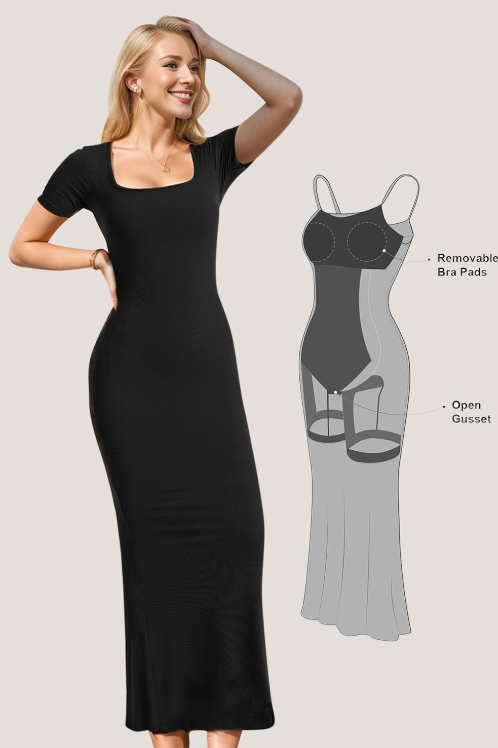 Womens Basic Bae Built-In Shapewear Square Neck Short Sleeve Maxi Dress )S-XL)