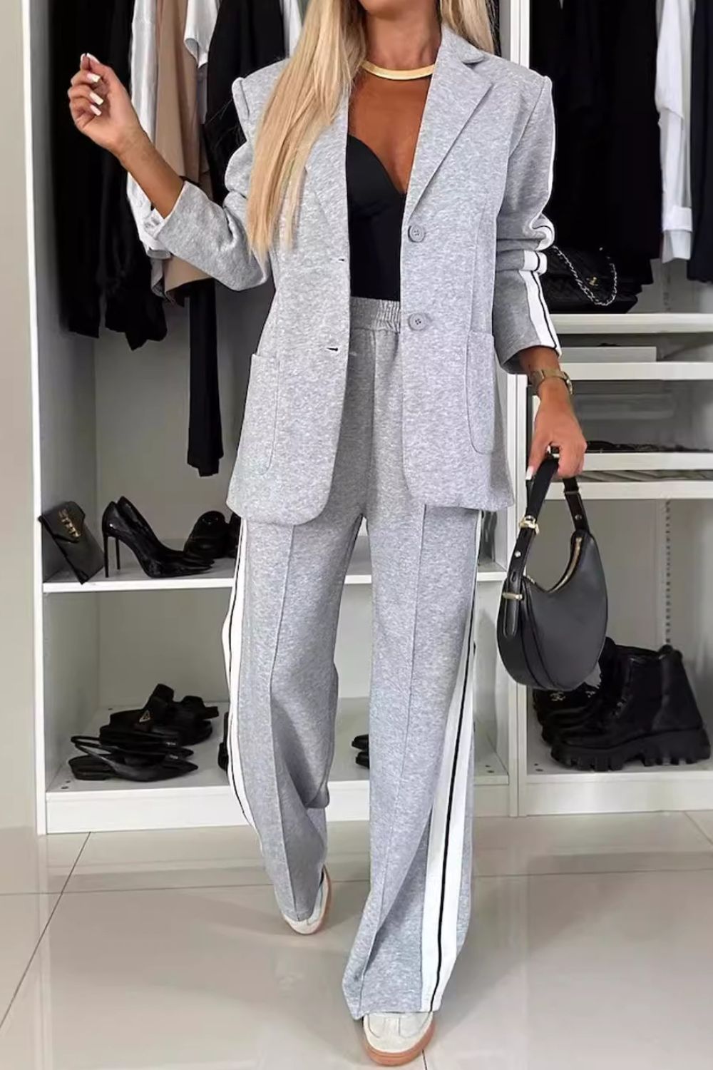 Womens Full Size Contrast Lapel Collar Top and Pants Set (S-3XL)