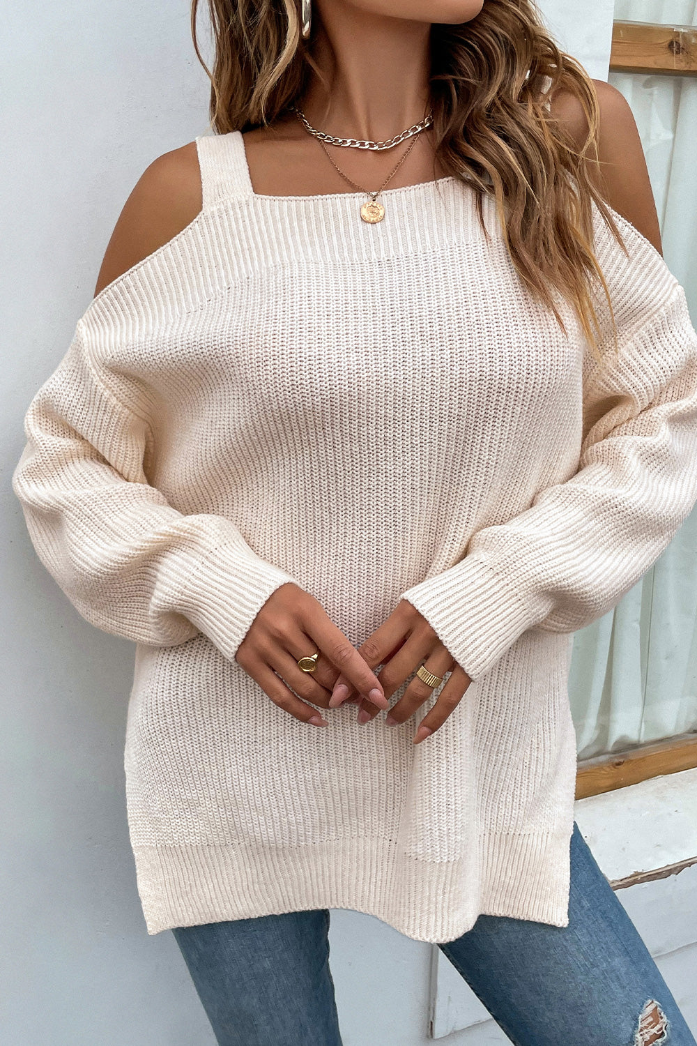 Womens Ribbed Cold Shoulder Long Sleeve Knit Top (S-XL)