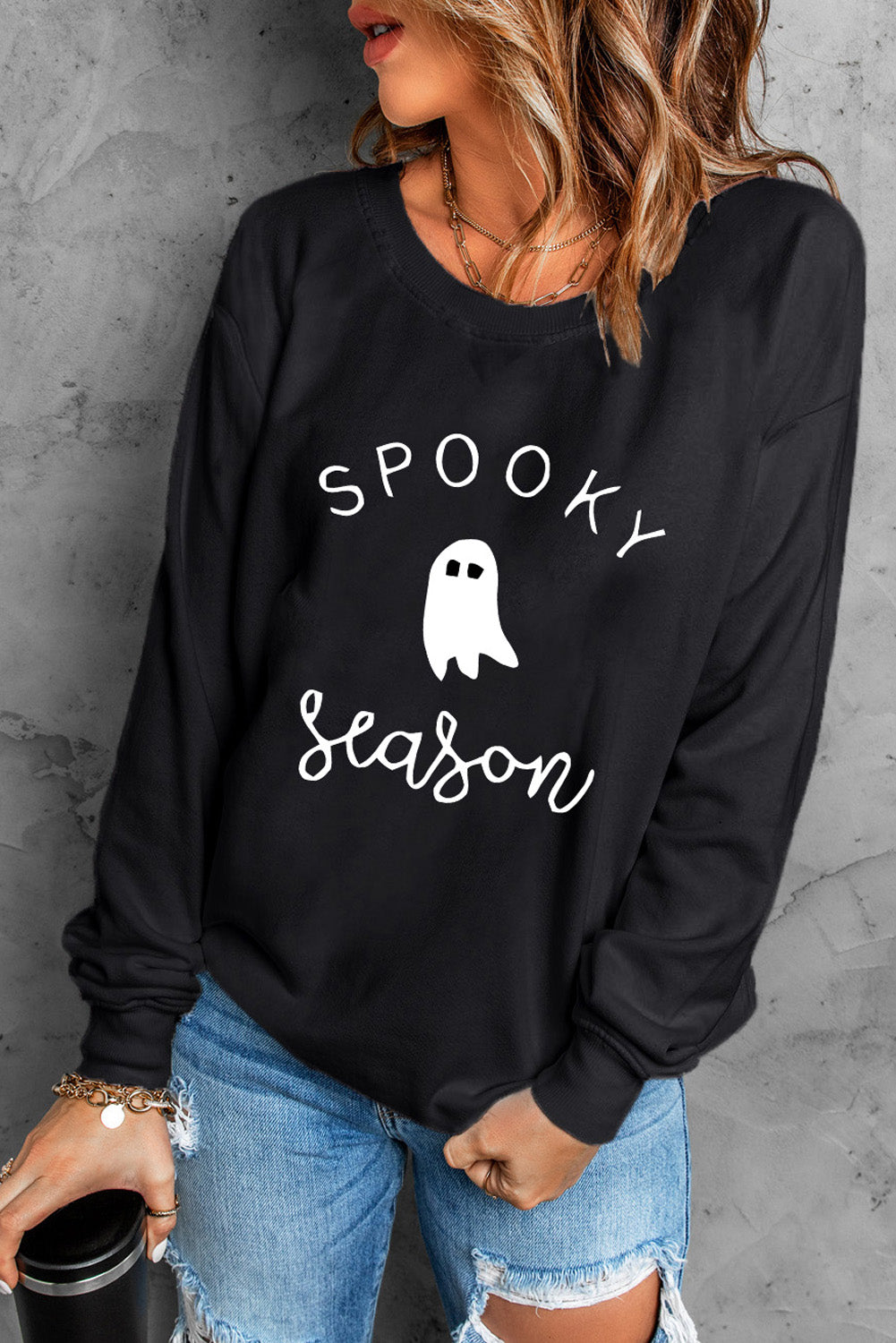 Womens Round Neck Long Sleeve SPOOKY SEASON Graphic Sweatshirt (S-2XL)