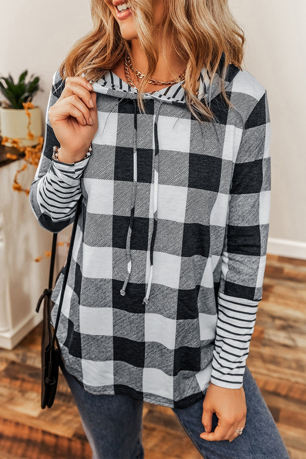 Womens Plaid Drawstring Long Sleeve Hoodie (S-XL)