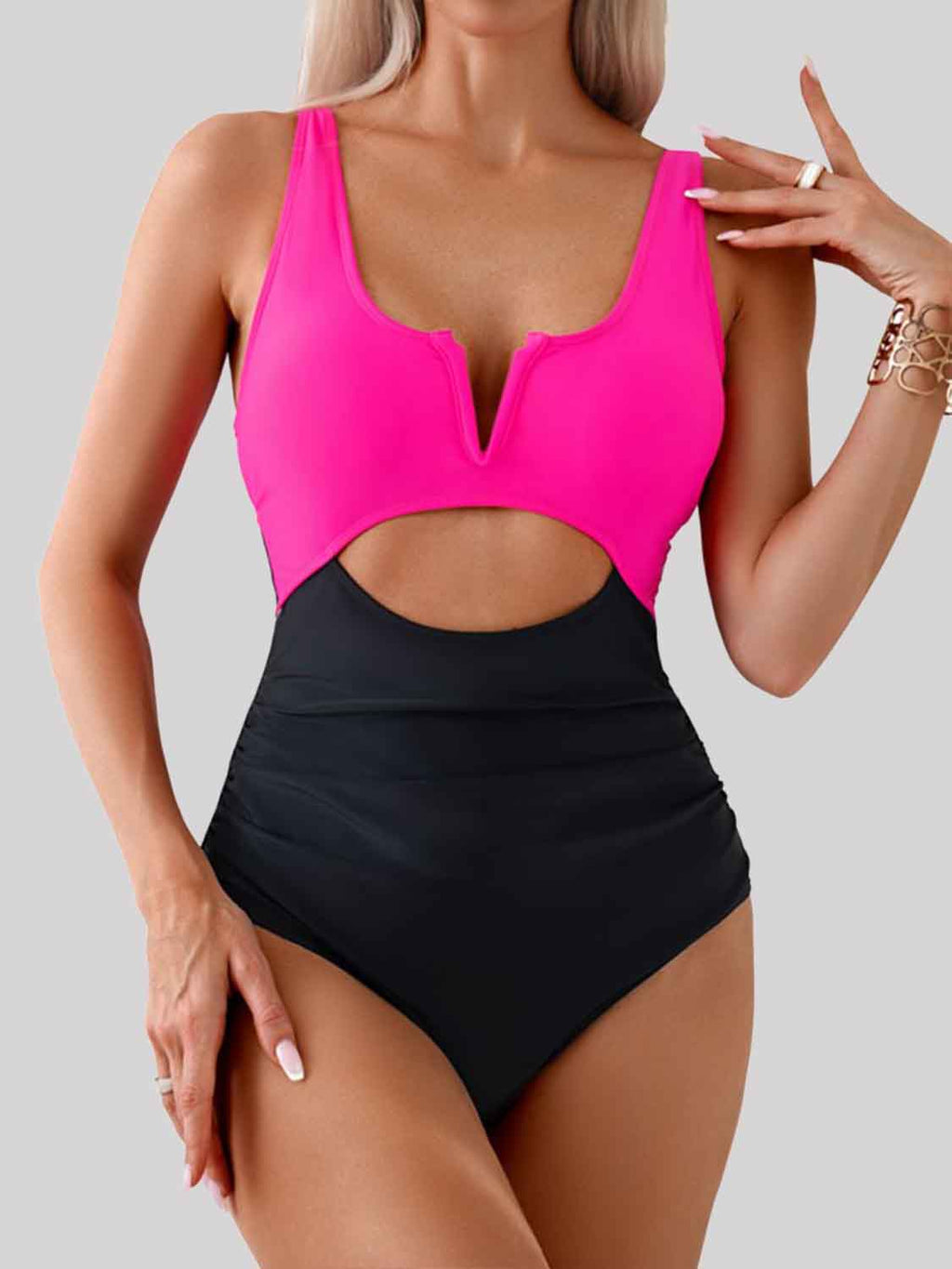 Womens Tied Cutout Contrast One-Piece Swimwear (S-XL)