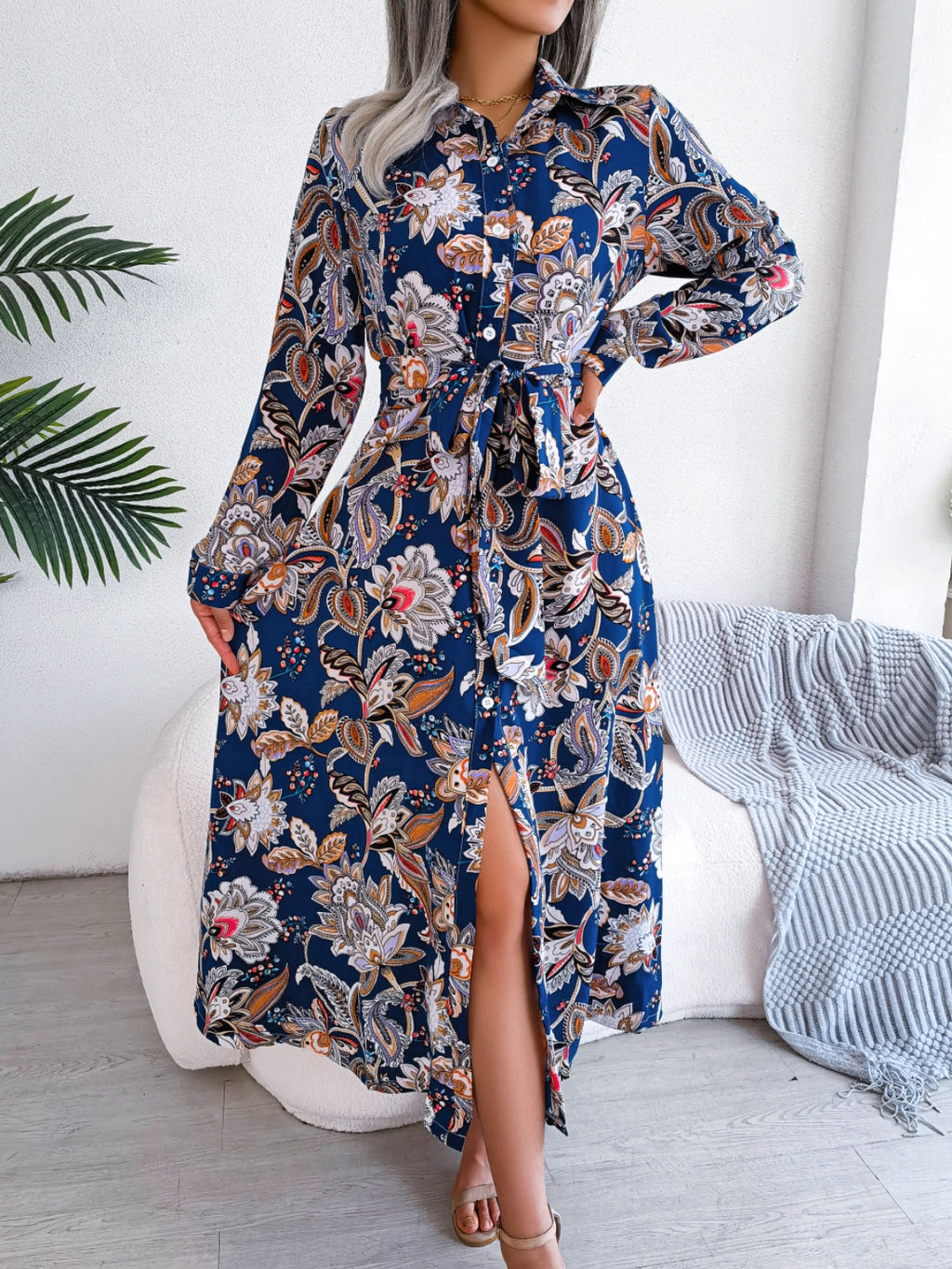 Womens Tied Printed Long Sleeve Midi Dress (S-XL)