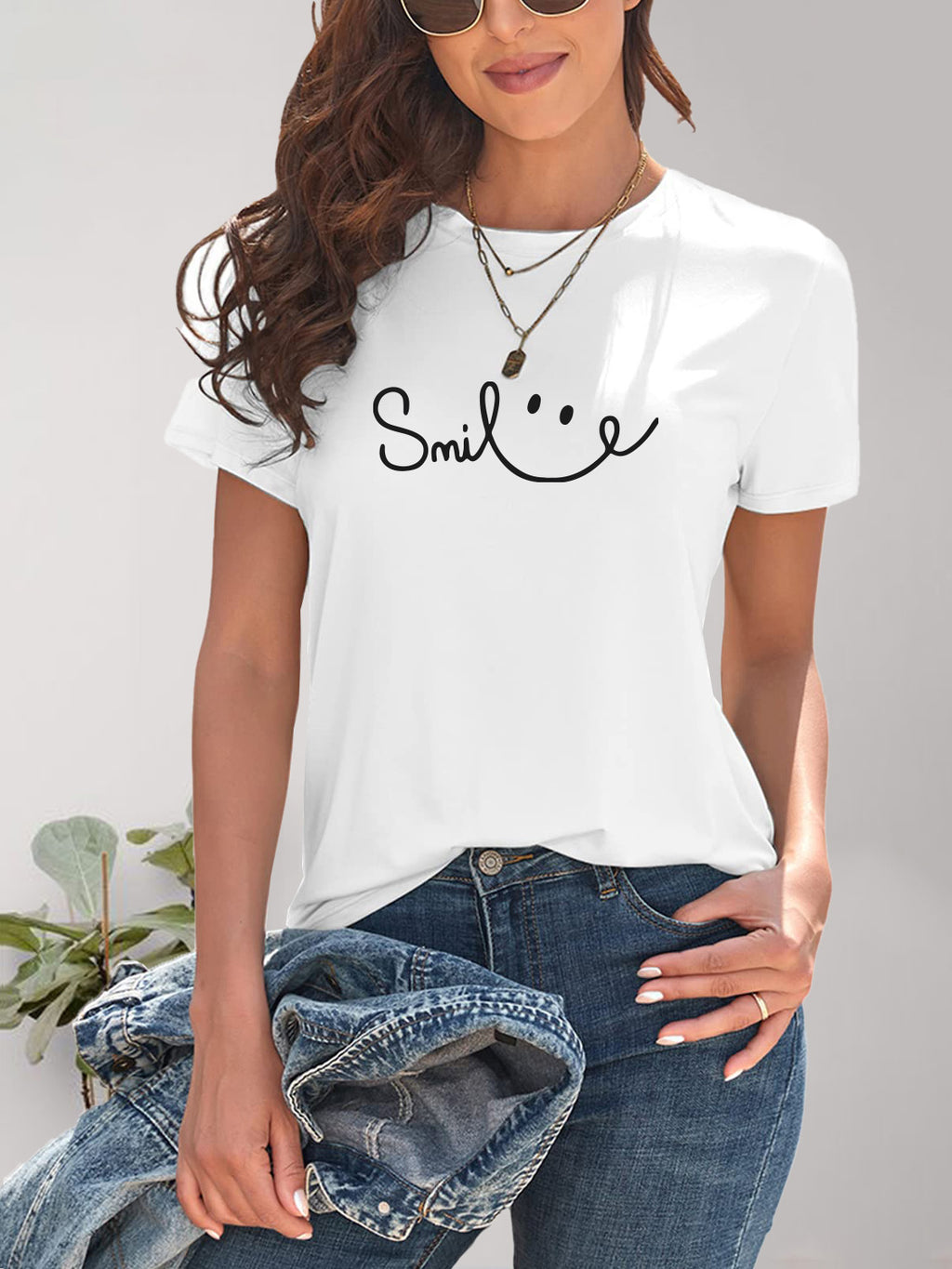 Womens SMILE Round Neck Short Sleeve T-Shirt (S-2XL)