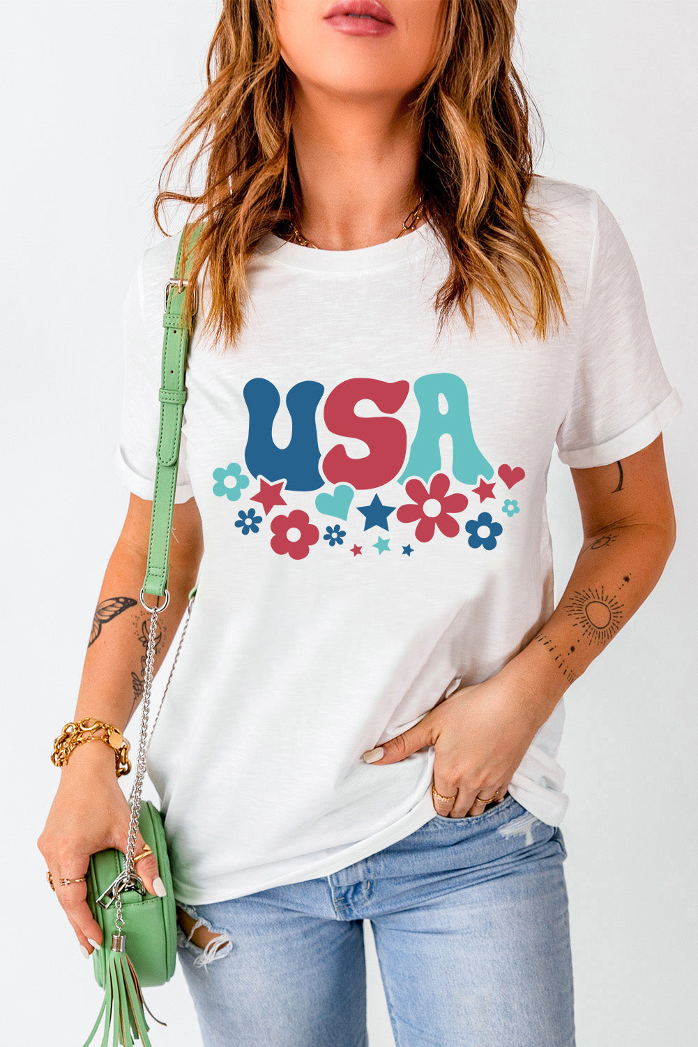 Womens USA Round Neck Short Sleeve T-Shirt (S-2XL)