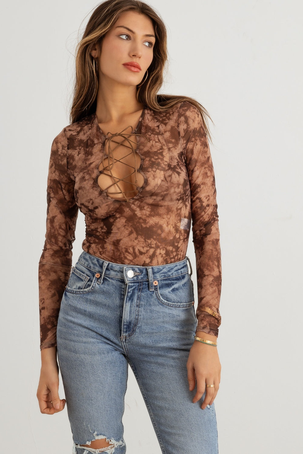 Womens HERA COLLECTION Abstract Mesh Lace-Up Long Sleeve Bodysuit (S,M,L)