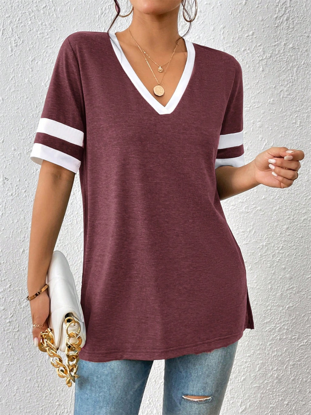 Womens Contrast Trim V-Neck Short Sleeve T-Shirt (S-XL)