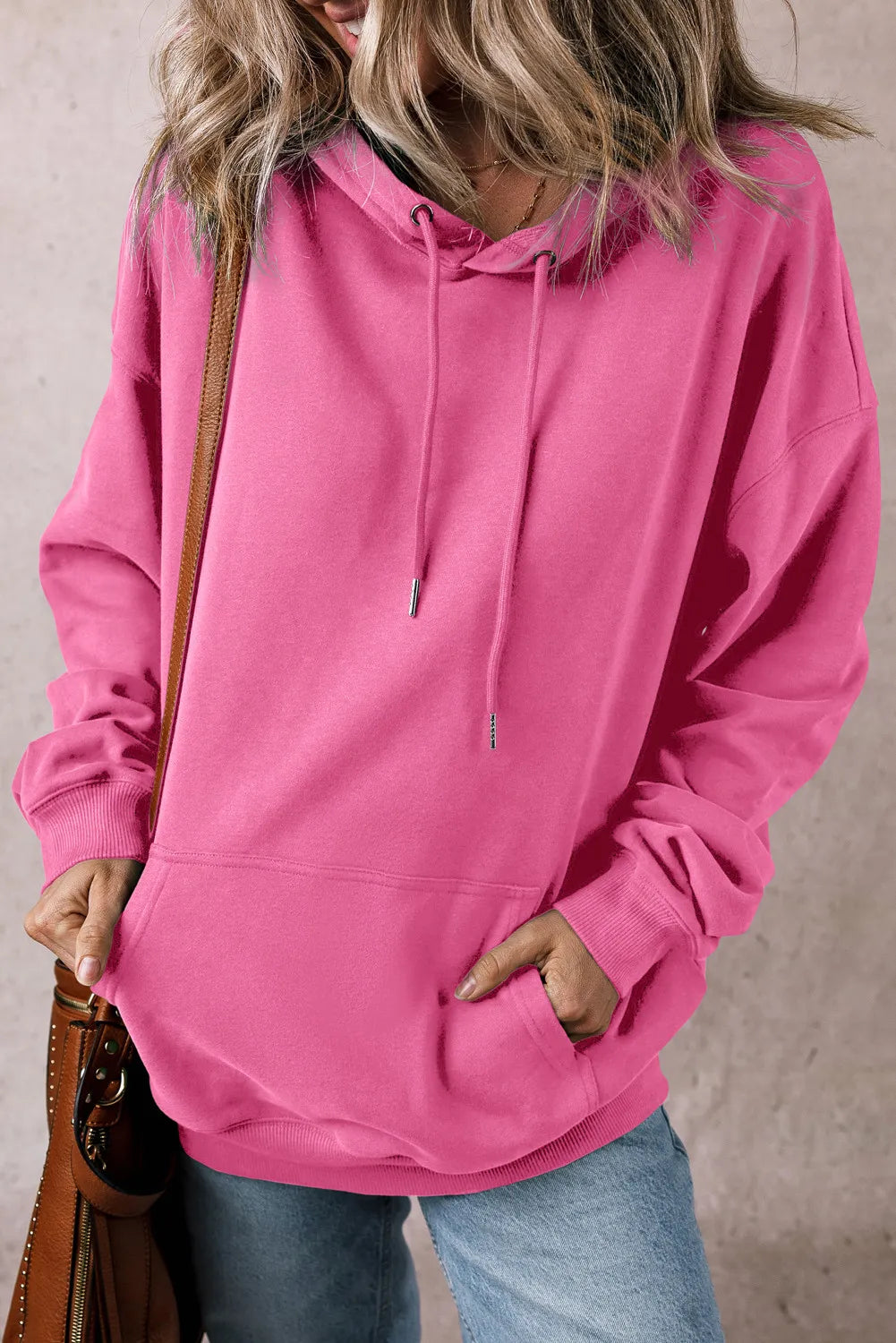 Womens Drawstring Dropped Shoulder Long Sleeve Hoodie (S-XL)