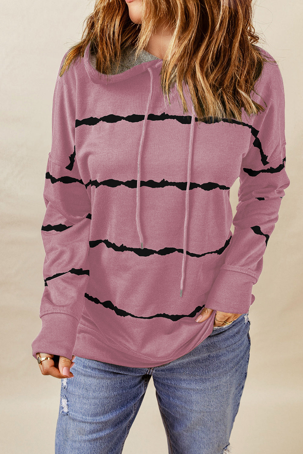 Womens Drawstring Striped Dropped Shoulder Hoodie (S,M,L)